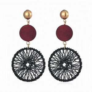 Retro Style Wooden and Wire Woven Disc Red and Black Drop Earrings